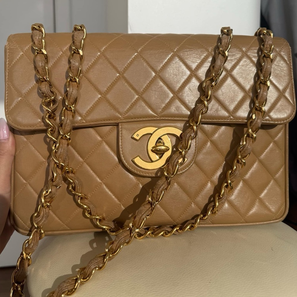 Authentic CHANEL Caramel Beige Leather 24kt Gold Hardware Jumbo Flap Bag RARE! - Picture 11 of 11